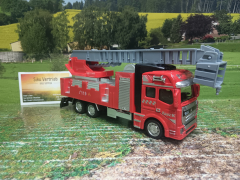 Spielauto Feuerwehr-LKW mit Drehleiter rot/grau 21cm Metall Kartonetui